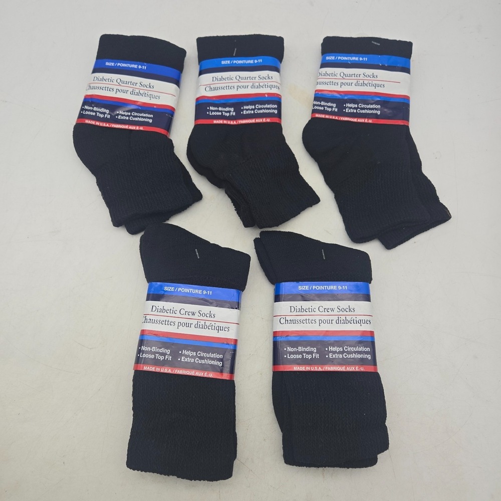 Greenbrier Diabetic Quarter & Crew Socks Sz 9-11 Black USA Made NEW 5 Pairs